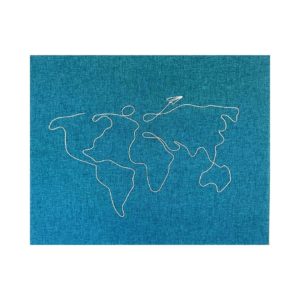 Tableau brodé sur tissu bleu pétrole mappemonde minimaliste